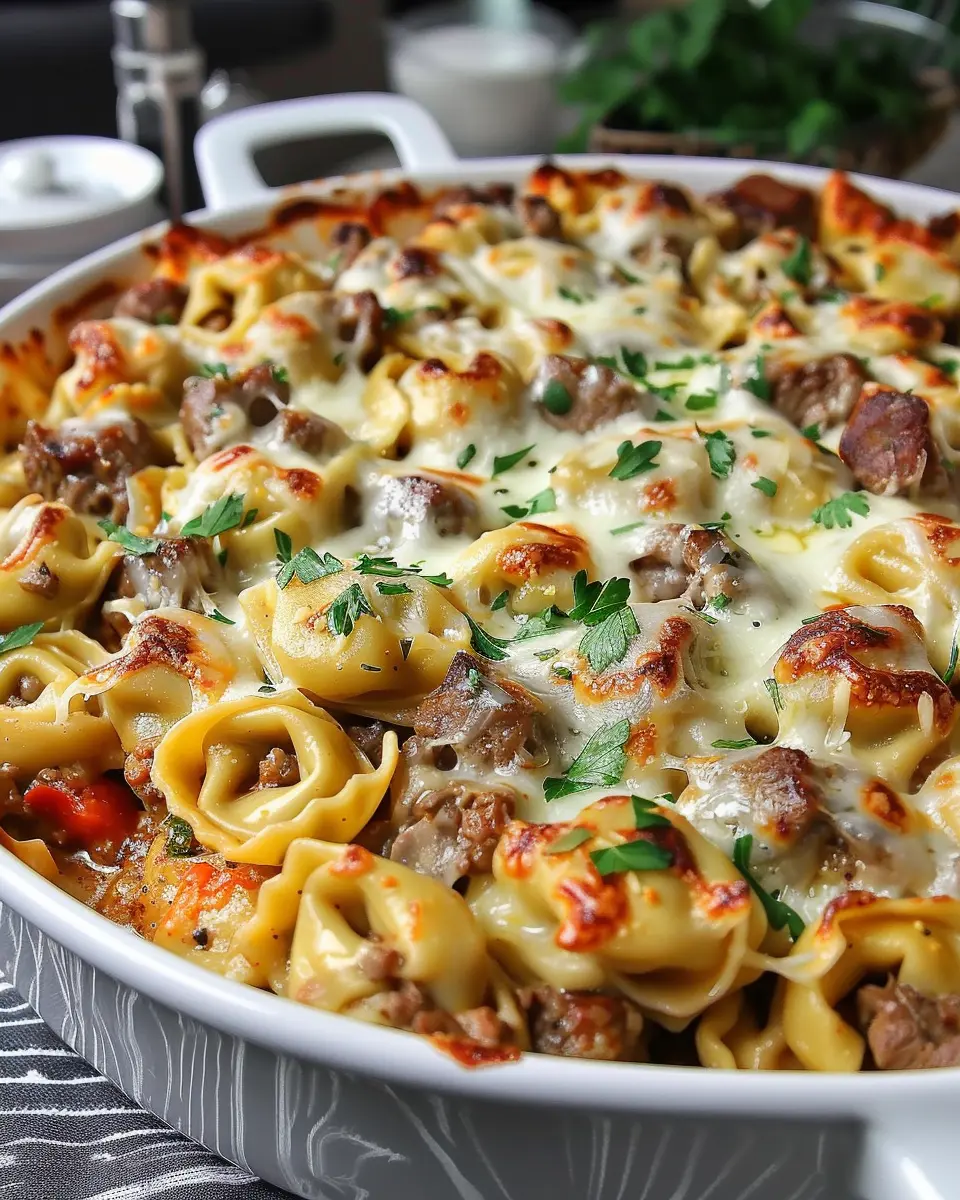 Golden Cheese Steak Tortellini Casserole