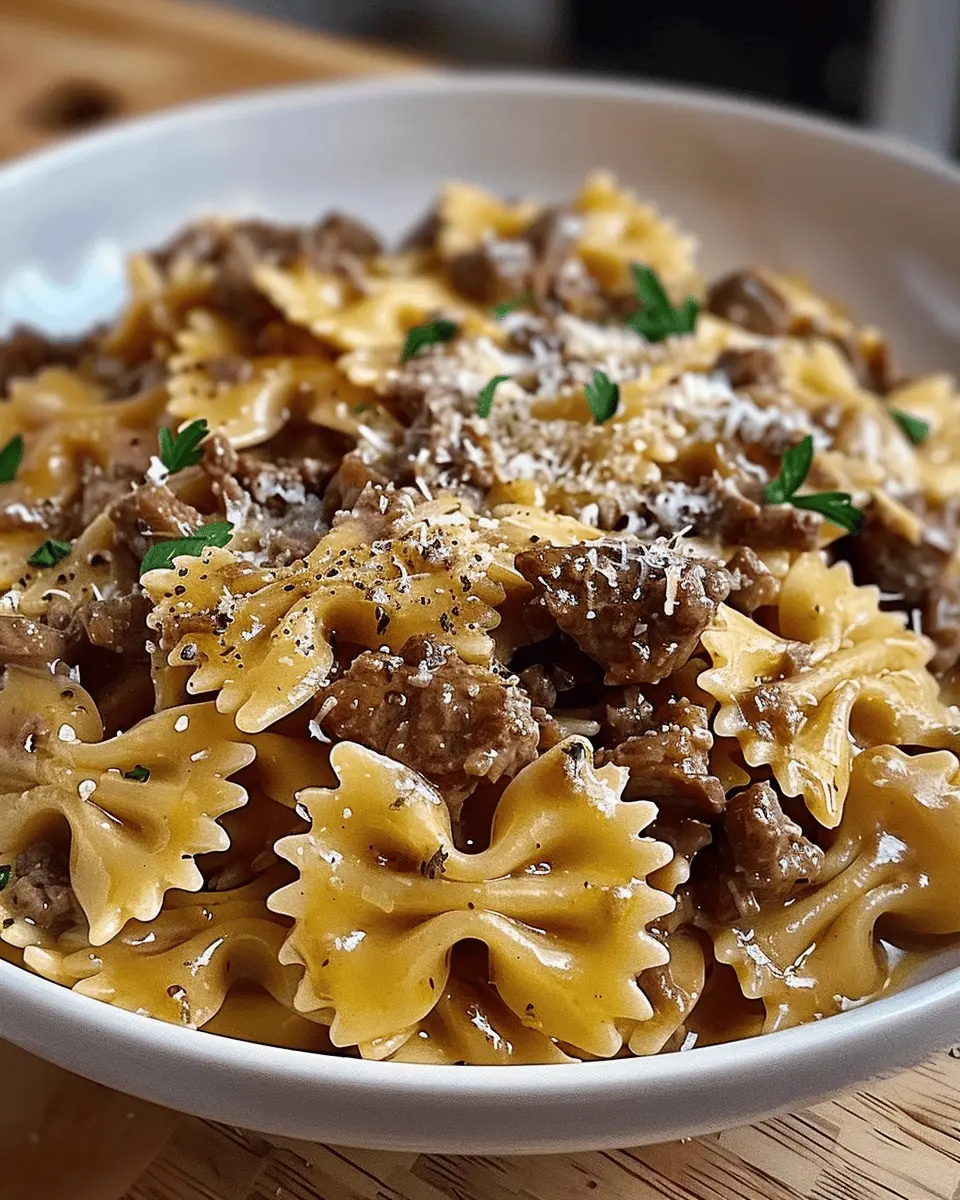 Creamy Parmesan Garlic Beef Bowtie Pasta