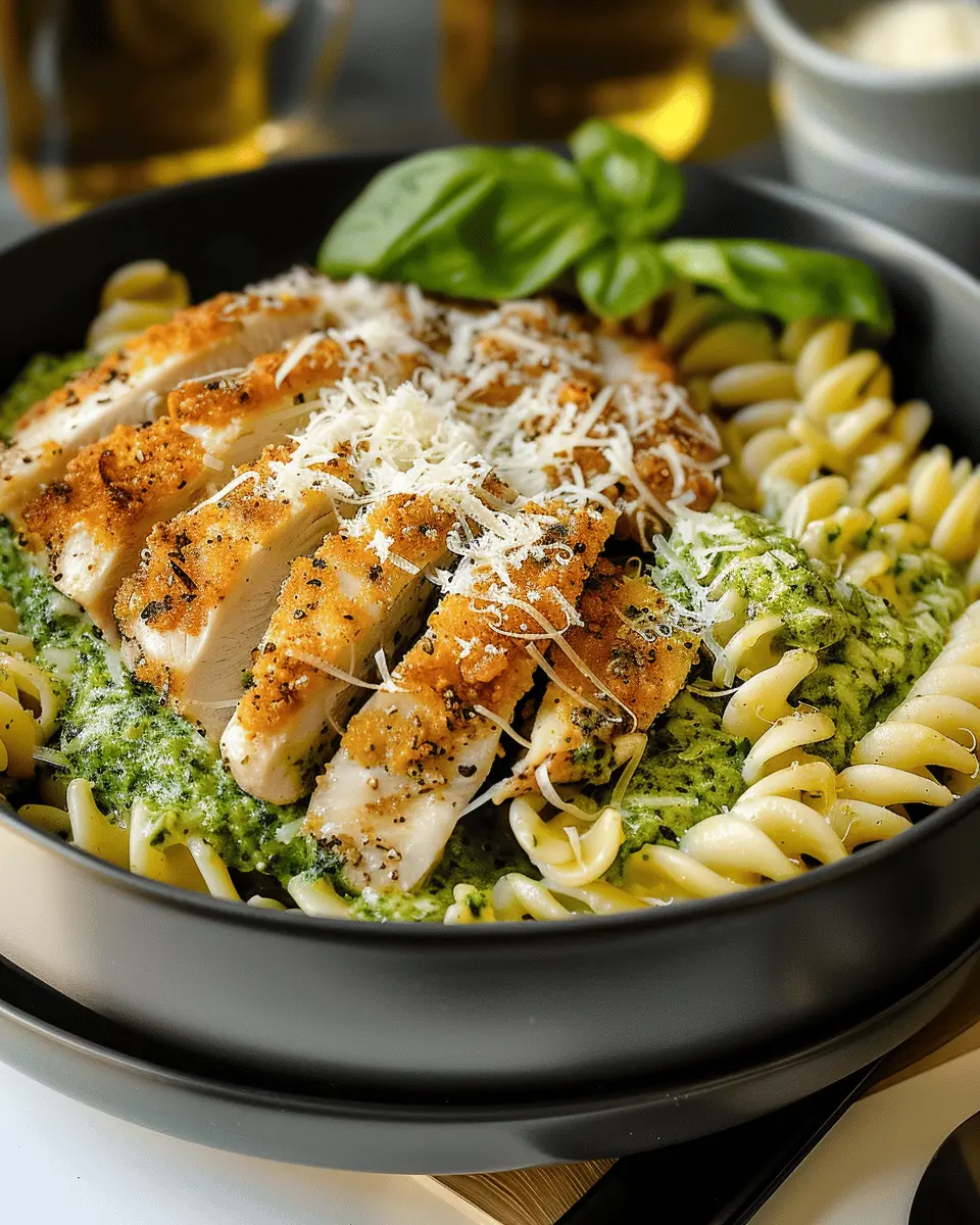 Pesto Pasta with Crispy Parmesan Chicken