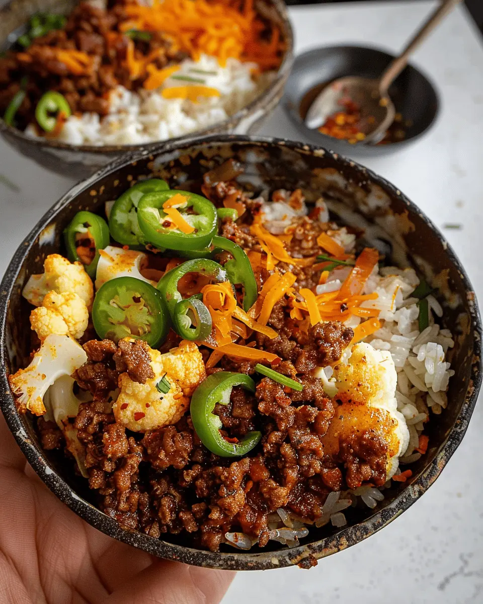 Crispy Chile Ground Beef and Cauliflower Protein Bowls