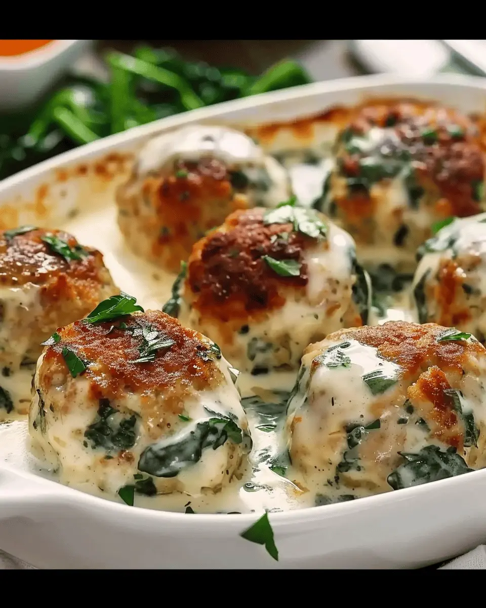 Baked Chicken Ricotta Meatballs with Spinach Alfredo Sauce