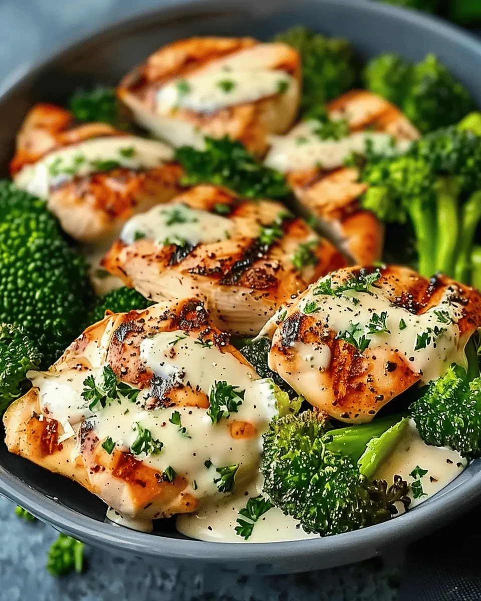 Grilled Chicken & Broccoli Bowls with Creamy Garlic Sauce