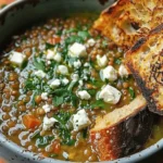 French Lentil Soup With Crispy Bread And Feta
