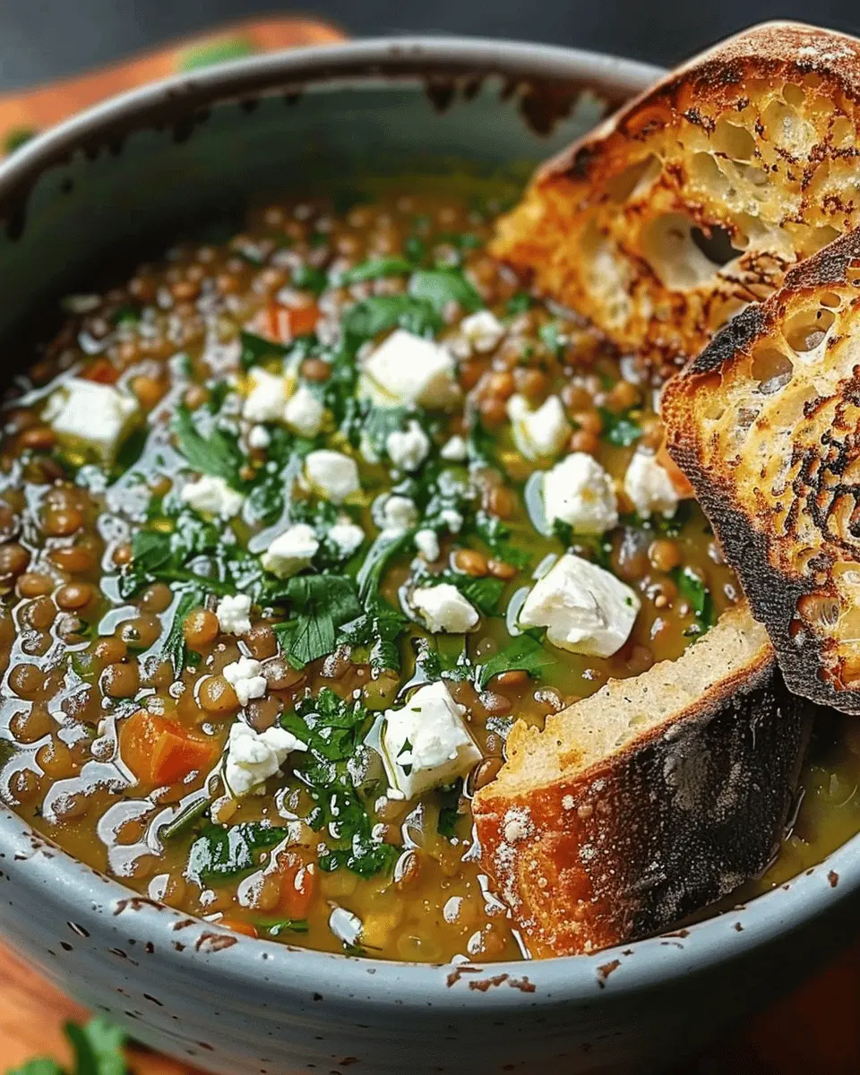 French Lentil Soup With Crispy Bread And Feta