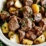 crockpot garlic butter beef bites with potatoes