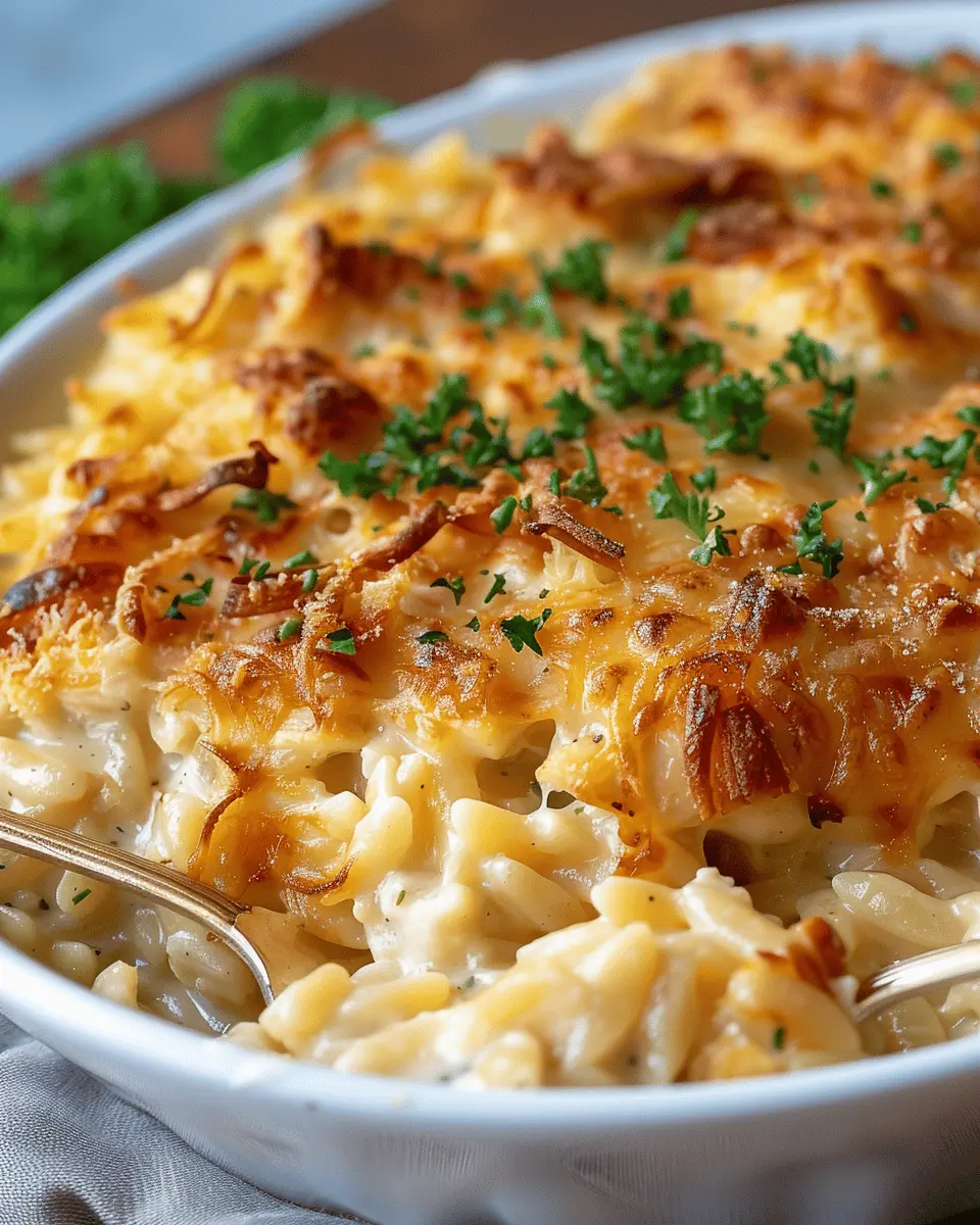 French Onion Chicken Orzo Casserole