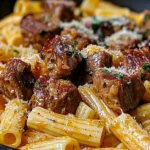 Cajun Steak Tips in Cheesy Rigatoni Parmesan Sauce